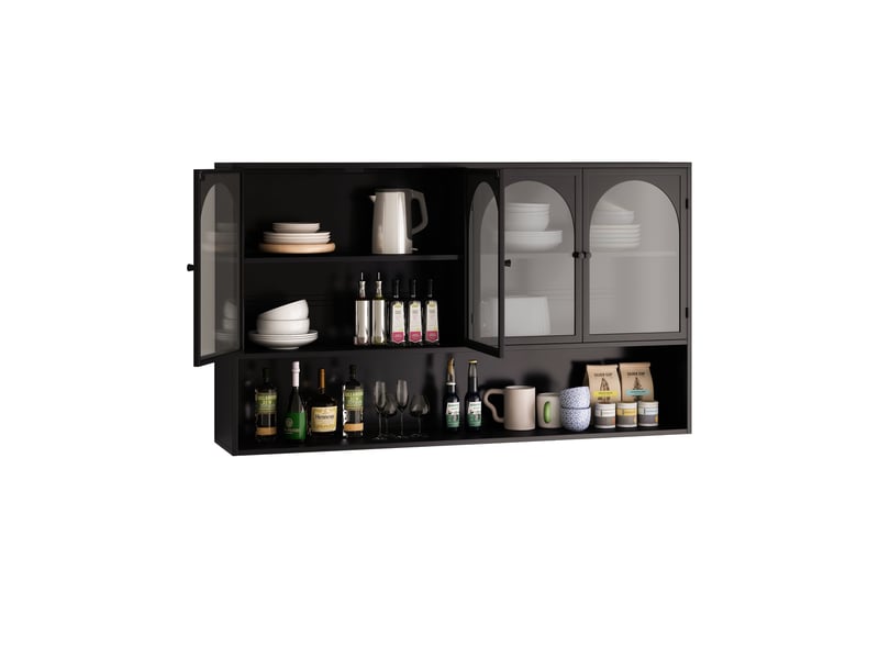 Buffet de cuisine - 120x23x70cm - meuble haut, armoire murale 4 portes en verre gris & étagère, style industriel - noir - Conforama A