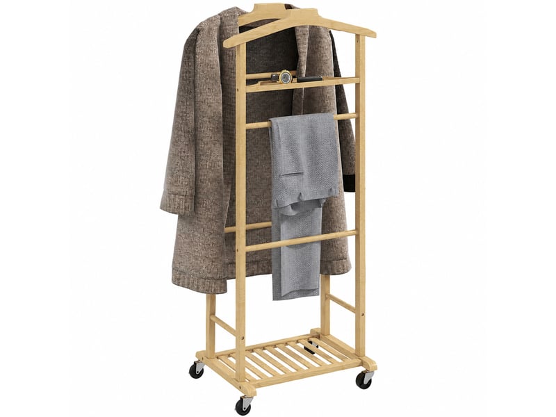  Valet de chambre 4 en 1 en bambou avec roulettes, 2 barres, plateau vide et étagère à chaussures, 47 x 33,7 x 105,5 cm  - Conforama A
