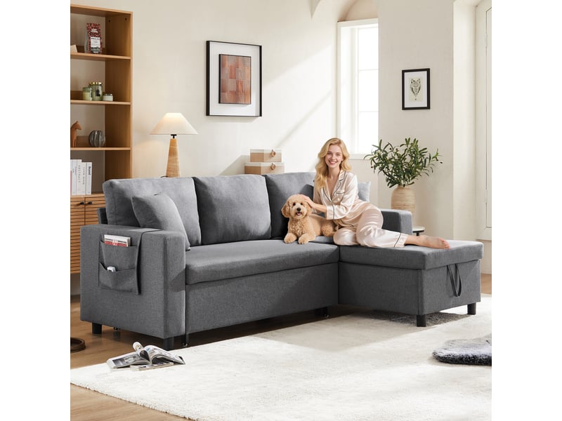 Canapé d'angle convertible l 3 places avec coffre de rangement, méridienne réversible gauchedroite, fonction lit, poche latérale, 2 coussins, tissu aspect lin - gris foncé - Conforama B