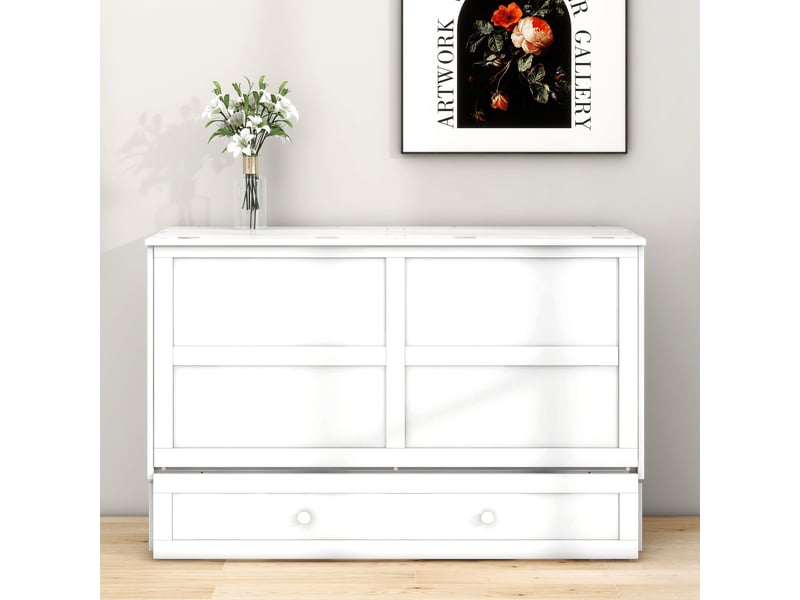  Lit escamotable 140x200cm, lit adult, lit double, lit d'appoint, avec étagères, tiroir, pin + mdf blanc, sans matelas  - Conforama C
