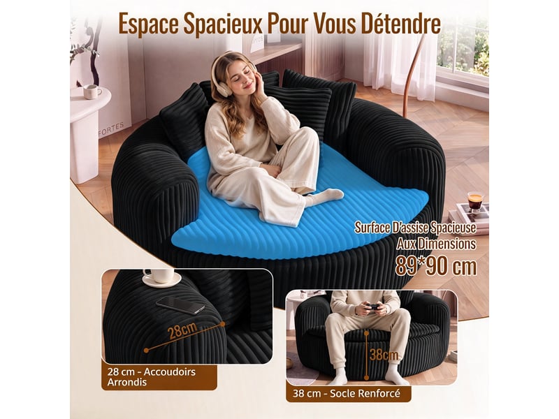 Fauteuil lounge 1 place 145 x 133 x 59 cm en velours côtelé noir, avec assise profonde, accoudoirs et 5 coussins DJ-W3463P5032758-ZMS - Conforama D