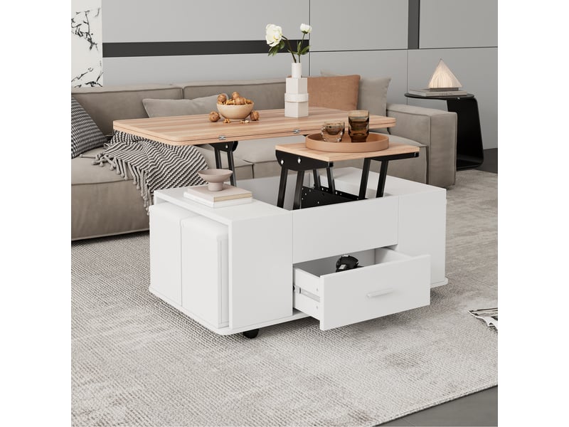 Table basse relevable et extensible 100x50cm avec 4 poufs de rangement, transformable en table à manger, blanc et bois - Conforama W
