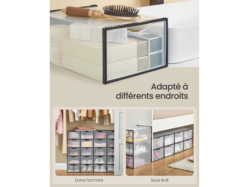 Boîtes à chaussures, organisateurs en plastique, avec porte, lot de 18, empilables, montage facile, 33,2 x 23 x 14,5 cm, pour pointure jusqu'à 43, transparentes et noir d'encre  - Conforama F