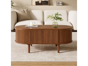 Table basse ovale relevable avec rangement, table salon effet ondulé, mdf noyer