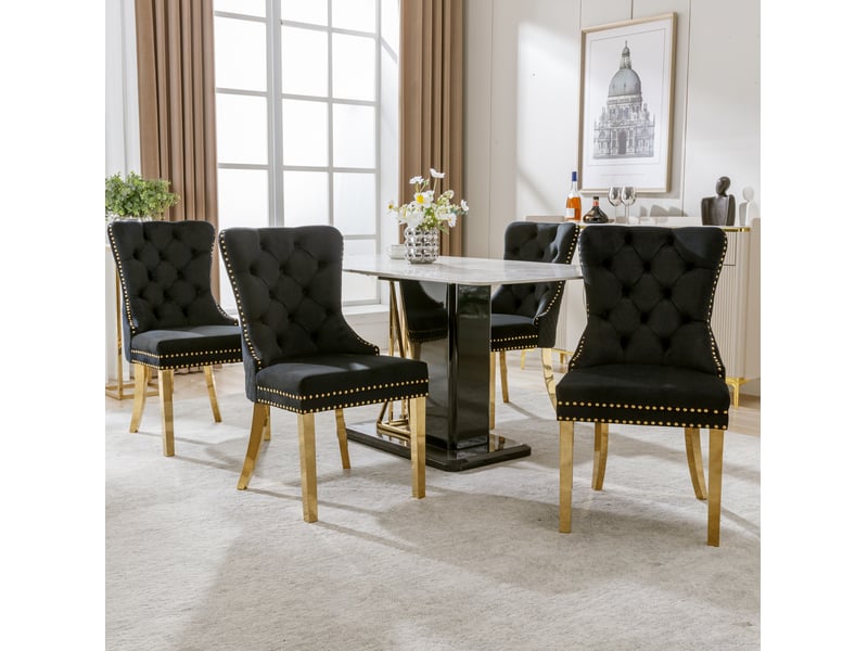 Chaise de salle à manger, lot de 4, velours noir, pieds en acier inoxydable doré - Conforama D