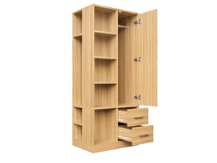 Armoire 70x50x170 cm à 1 porte avec étagères, 2 tringles et 2 tiroirs coloris bois