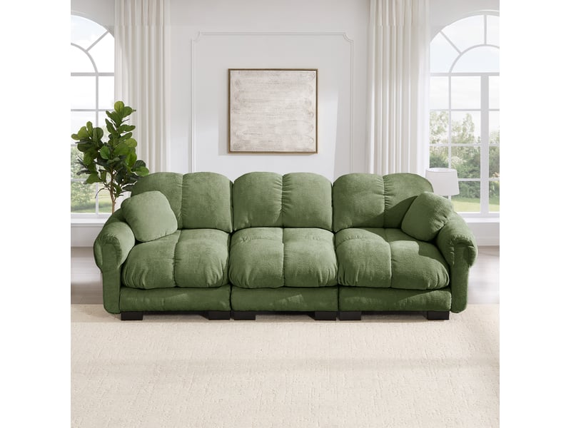  Canapé droit fixe 3 places en tissu vert avec 2 coussins déco, assise épaisse et dossier ergonomique  - Conforama B