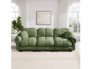 Canapé droit fixe 3 places en tissu vert avec 2 coussins déco, assise épaisse et dossier ergonomique