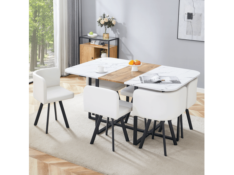  Ensemble table et 6 chaises extensible blanc et noir, plateau mdf et structure métal, jusqu’à 6 personnes  - Conforama E