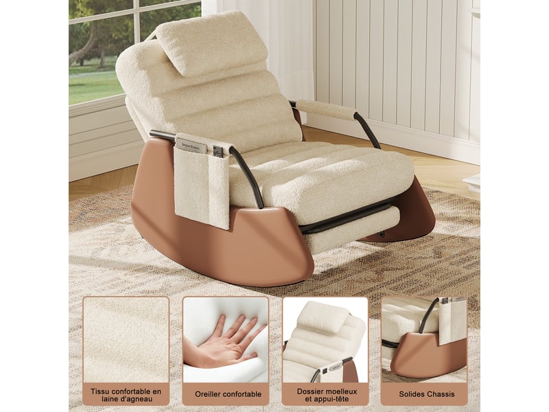  Fauteuil à bascule-rocking chair - repose-pieds pliable- appui-tête et poches latérales - laine d'agneau -beige -67x91.5x92cm  - Conforama R