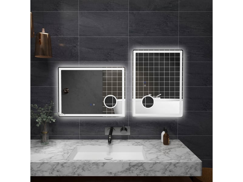  Miroir de salle de bain led avec grossissement x3, fonction tactile, fonction mémoire, antibuée, 80 x 60 cm  - Conforama D
