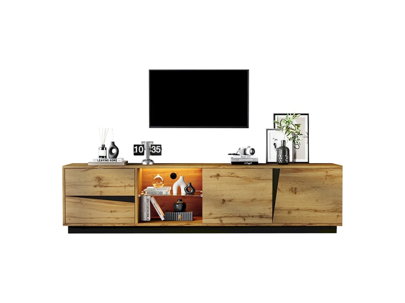  Meuble tv 180x35x45 cm avec led, meuble bas tv avec 2 tiroirs et 2 portes, niche ouverte avec étagère en verre, rangement câble, mdf, noir et bois OPULERANE TRADING LTD - Conforama A