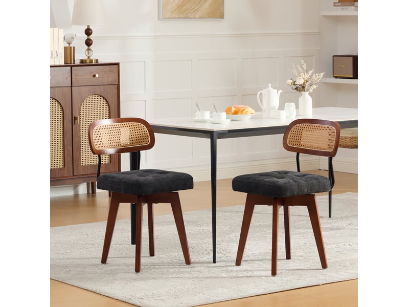  Chaises de salle à manger, lot de 2, pivotantes à 360°, dossier en rotin tressé et assise rembourrée en chenille noire  - Conforama B