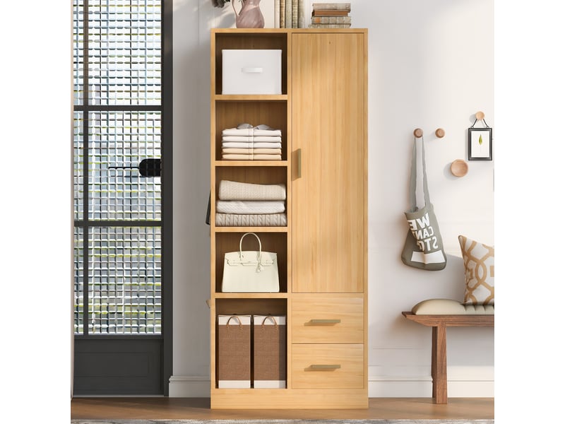  Armoire de rangement avec 1 porte, 2 tringles, 2 tiroirs et niches ouvertes pour chambre en bois naturel, 70×50×170 cm  - Conforama C