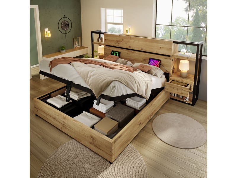  Lit double 180x200 en bois avec coffre hydraulique, tête de lit avec tiroirs et ports usb-c - sans matelas  - Conforama B