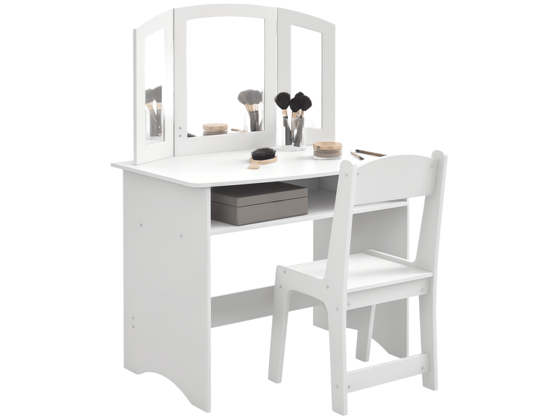 Ensemble coiffeuse pour enfants avec miroir triple amovible et chaise en bois blanc  - Conforama A