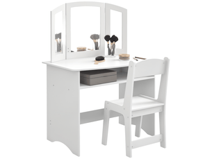 Ensemble coiffeuse pour enfants avec miroir triple amovible et chaise en bois blanc
