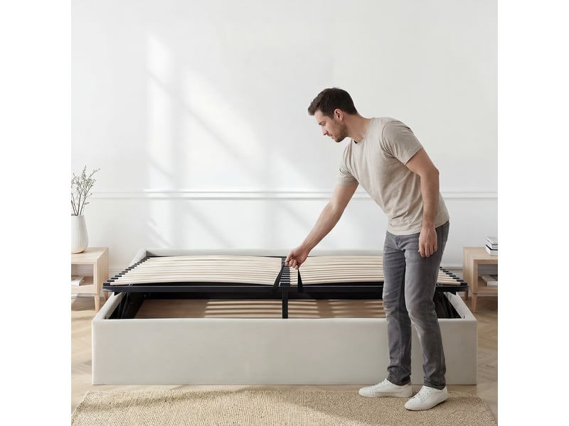 Bellecour literie ; lit coffre tissu beige atlas 140x190 cm Fabrication Hors UE - Conforama D