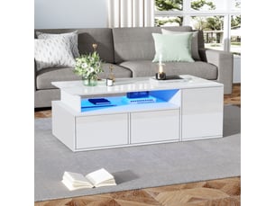 Table basse avec led 100x50x35 cm table de salon blanche 2 tiroirs