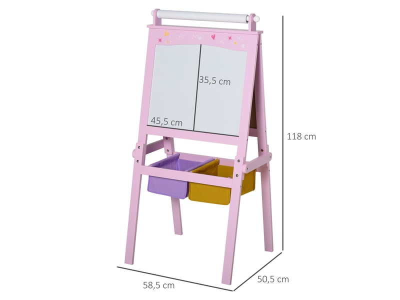 3 en 1 tableau enfant - chevalet enfant - ardoise double face - tableau blanc tableau à craie - rouleau papier avec accessoires + paniers rangement intégrés - mdf rose  - Conforama C