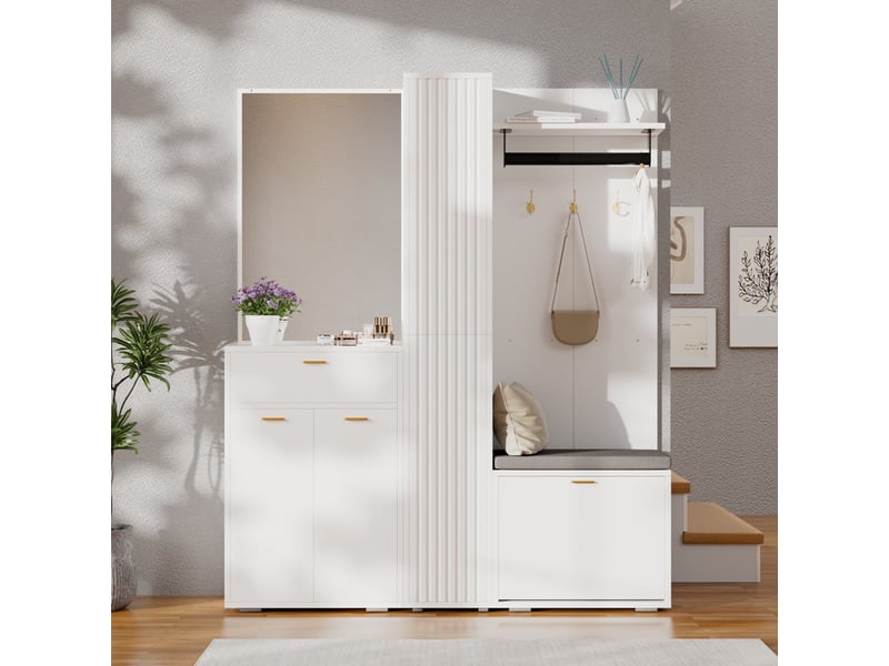  Vestiaire mural compact étroit, miroir, tringle, casier à chaussures, banquette et tiroir, 125×36×190 cm, blanc N657P50643234W - Conforama D