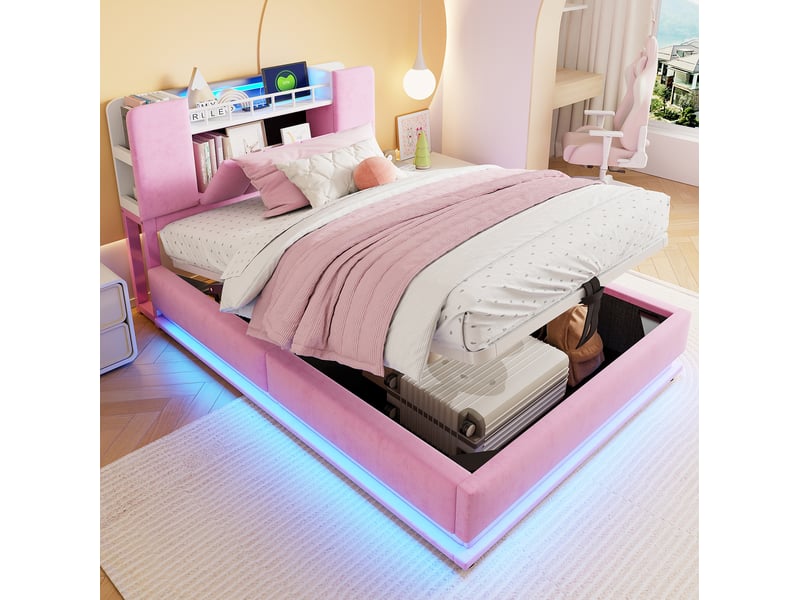  Lit enfant 90x200 cm avec led et port usb, rangement hydraulique en velours rose  - Conforama B