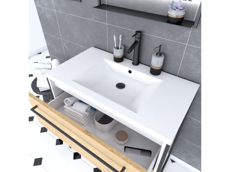  Pack meuble de salle de bain 80x50 cm blanc - 2 tiroirs blanc - vasque blanche - miroir à led  - Conforama D