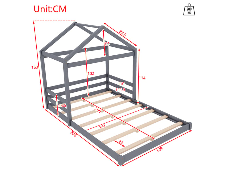 Lit cabane 140x200 cm pour enfant avec sommier à lattes, pin et mdf, gris - Conforama C
