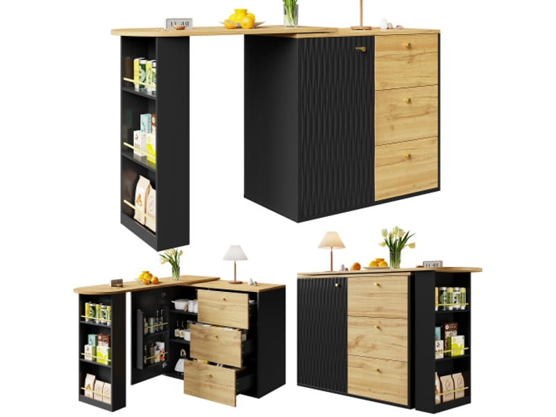  Table de bar extensible et mobile 138-204×39×104 cm, rotative à 360°, îlot de cuisine haute avec rangement, buffet moderne  - Conforama A