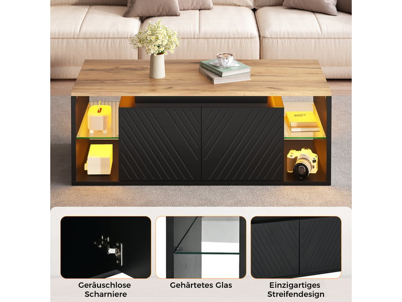 Table basse led 100 x 50 x 41 cm avec 2 portes et niche semi-ouverte, meuble de salon moderne en panneaux de particules, finition noire, charge 30 kg, design moderne OPULERANE TRADING LTD - Conforama D
