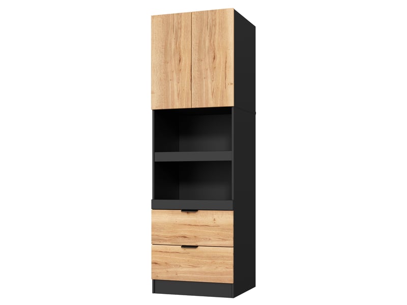 Armoire haute de cuisine 59,5x45x200 cm avec 2 tablettes coulissantes, 2 tiroirs, grand rangement micro-ondes, anti-basculement, mdf noir - Conforama A