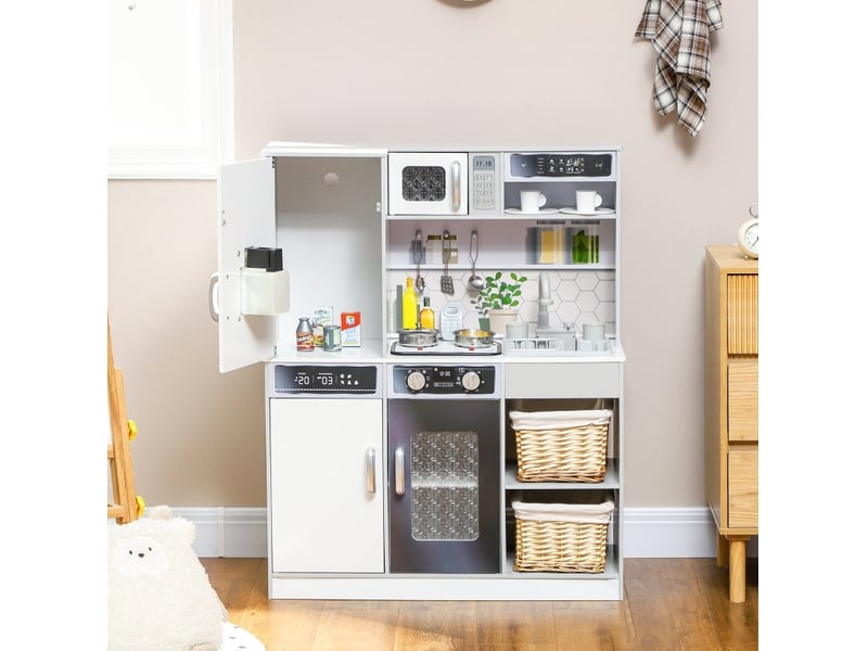  Ensemble de cuisine pour enfants avec set de vaisselle en acier inoxydable, cuisinière, évier avec circulation d'eau, effets de lumière et sons, blanc  - Conforama B