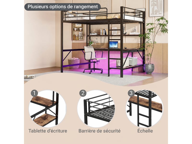  Lit mezzanine enfant 140 x 200 cm avec bureau et étagères, structure en métal et mdf noir  - Conforama W
