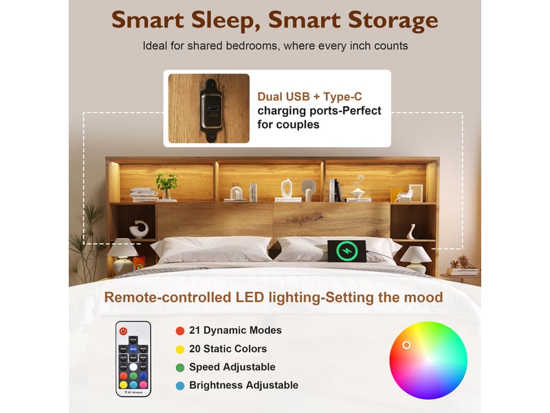 Lit coffre 160x200 cm, rangement hydraulique, 2 chevets intégrés, led 20 couleurs, 2 usb et 2 usb-c, sommier à lattes - effet chêne - Conforama C