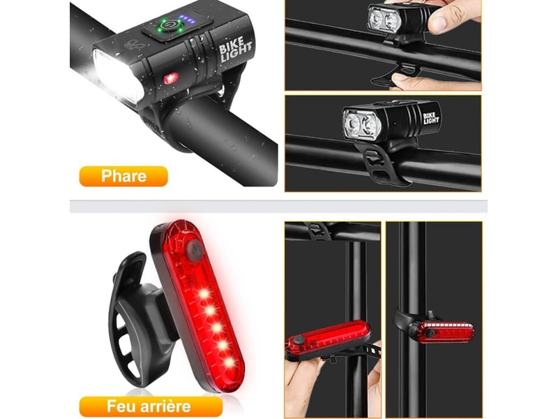 Éclairage vélo usb rechargeable avant arrière led, kit lampe aluminium 900mah, sécurité visibilité, route vtt quotidien - Conforama E