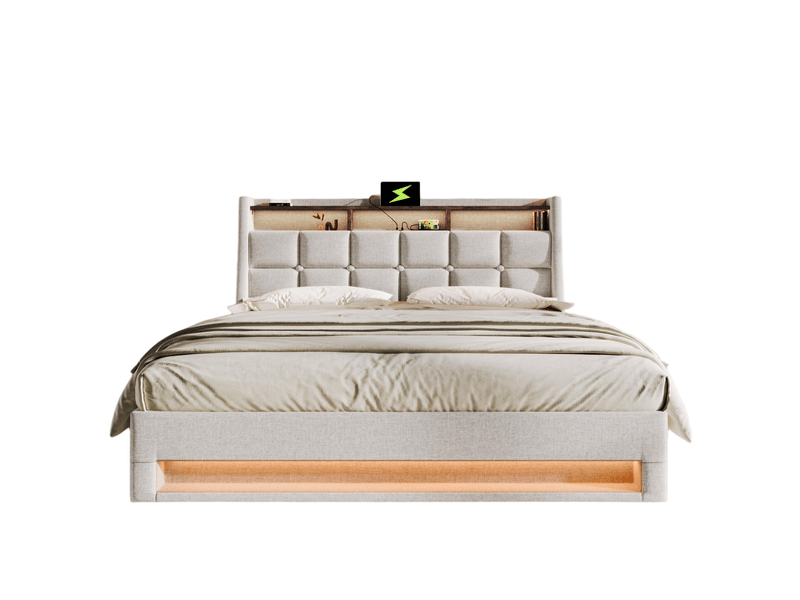  Lit coffre 140x200 cm, lit capitonné avec led, usb et sommier métal, en lin, beige, matelas inclus  - Conforama D