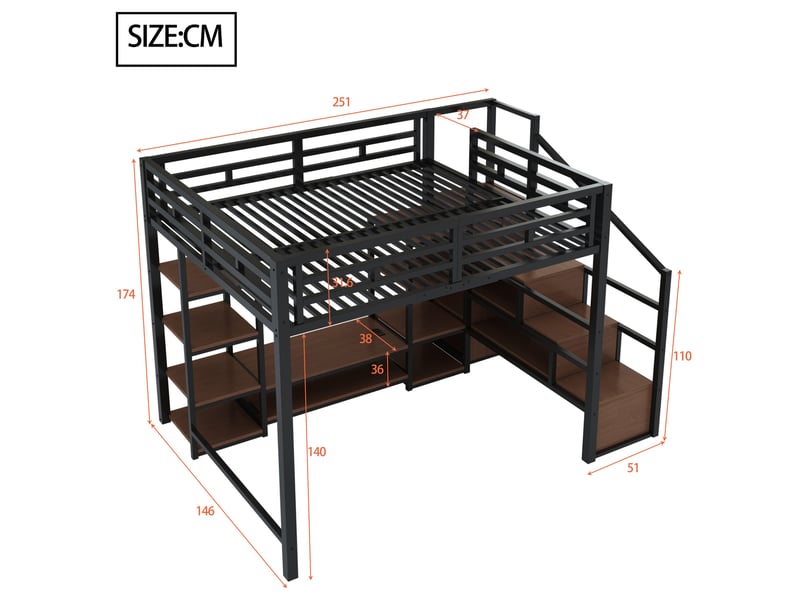  Lit mezzanine noir 140x200cm avec rangement, échelle, bureau, armoire, structure robuste, durable - fer et mdf - pour enfant ado  - Conforama E
