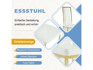 Lot de chaises 2 pièces 109 cm en cuir pu blanc cadre métallique à finition dorée liseré doré style minimaliste