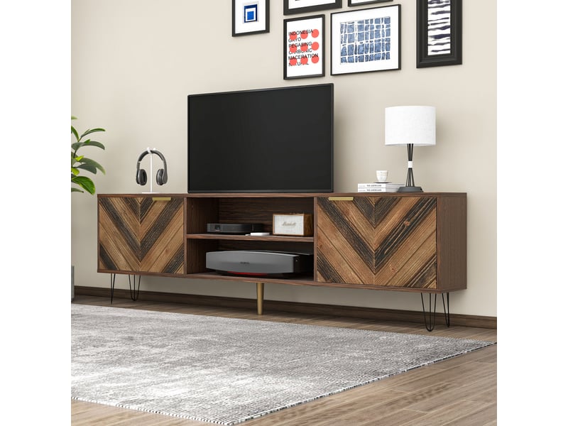  Meuble tv, placage bois massif, fer, 2 portes, poignées dorées, design moderne et élégant pour salon  - Conforama B