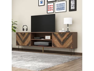 Meuble tv, placage bois massif, fer, 2 portes, poignées dorées, design moderne et élégant pour salon