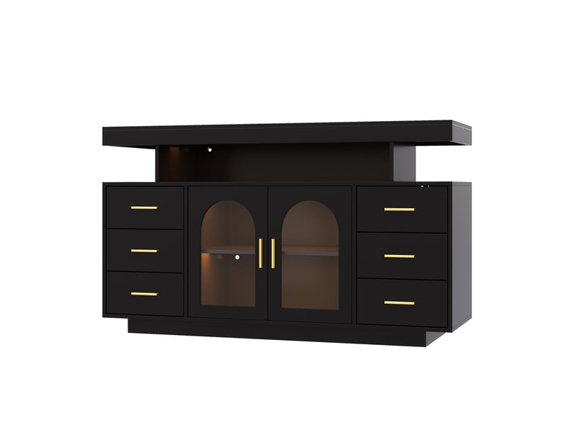 Buffet bas avec led rgb, 6 tiroirs et 2 portes vitrées 140x40x76 cm noir - Conforama R