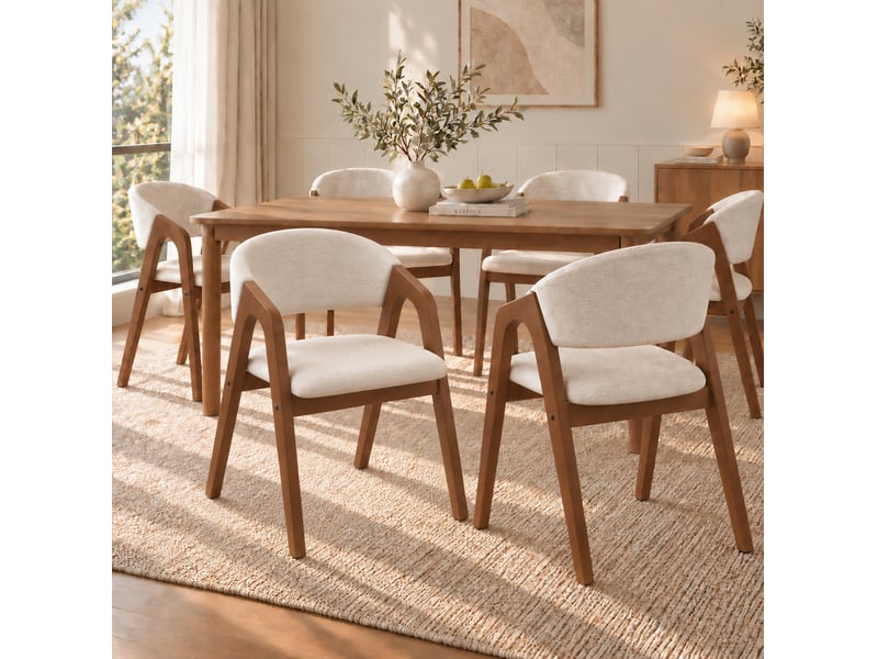  Chaise de salle à manger, lot de 6 avec dossier incurvé et accoudoirs, assise rembourrée en lin et bois, noyer et beige avoine  - Conforama D