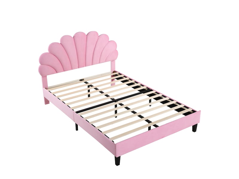  Lit enfant 140x200cm, lit double avec tête de lit en forme fleur et sommier, velours rose, sans matelas  - Conforama E