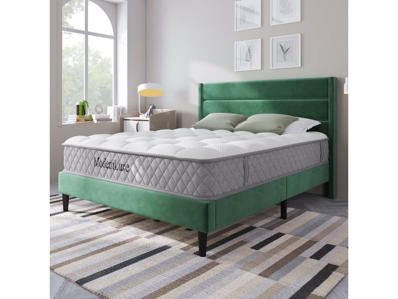  Modenvie lit double rembourré 140x200 cm - velours, tête de lit capitonnée, sommier et matelas inclus - vert  - Conforama B