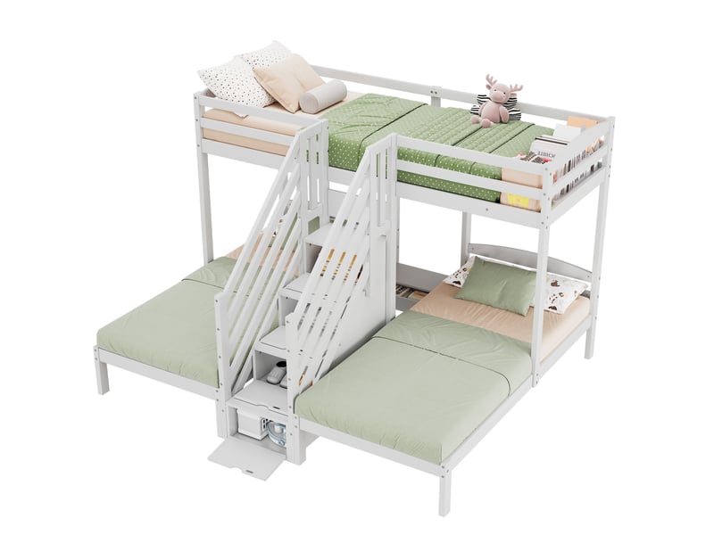  Lit superposé enfant 90x200 cm, 3 couchages, pin blanc, échelle à tiroirs  - Conforama A