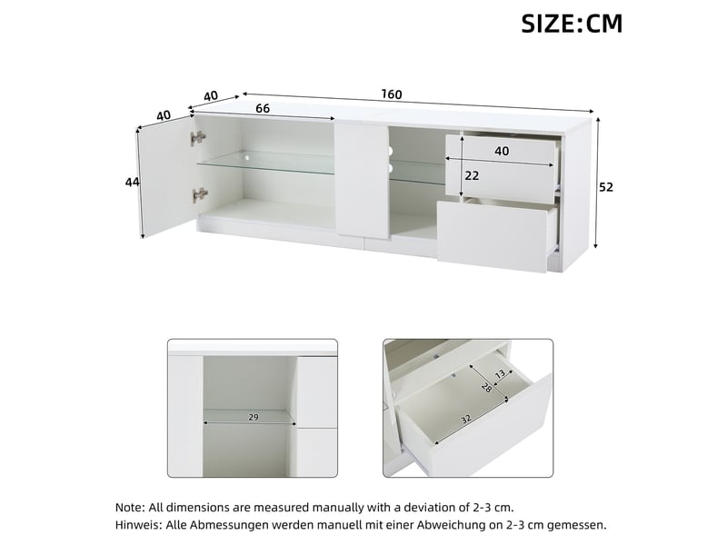  Meuble tv 160 cm blanc laqué avec led, support pour téléviseur 65 pouces, 2 tiroirs et 1 porte  - Conforama C