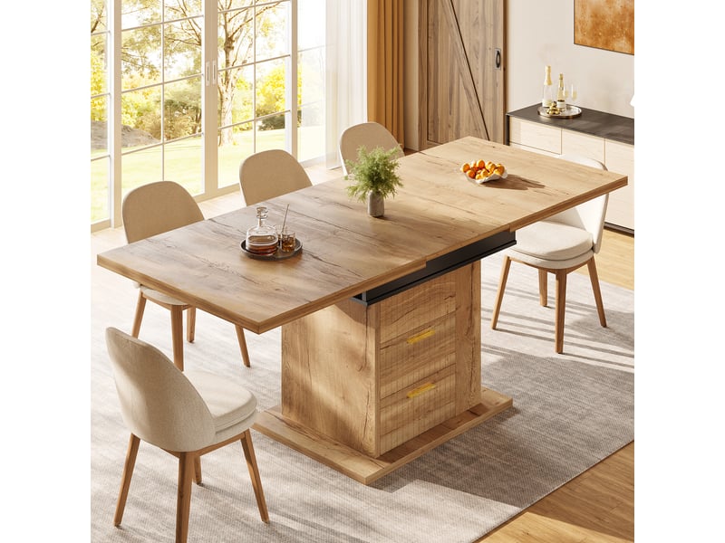  Table à manger extensible 110-140x80x75cm effet bois, 2 tiroirs, étagère latérale à 3 niches ouvertes et poignées dorées, au quotidien, modulable  - Conforama B