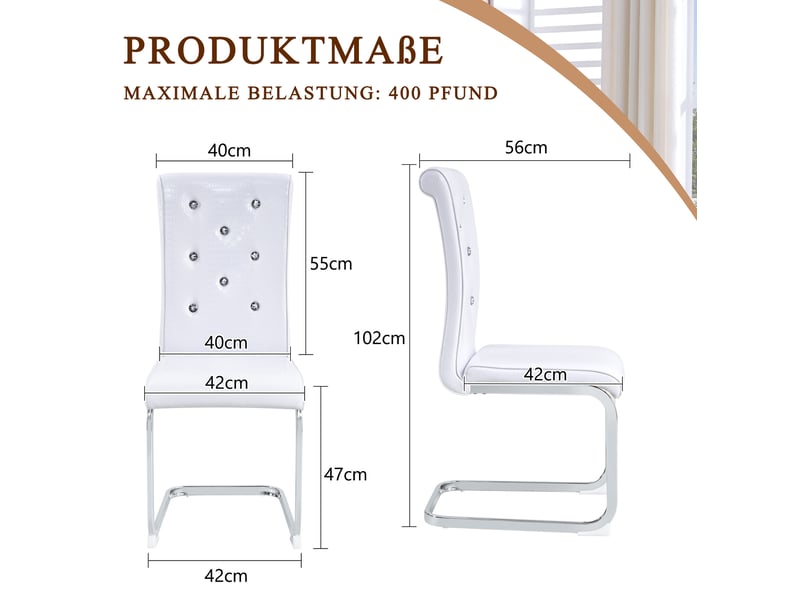  Chaise de salle à manger lot de 2 avec dossier ergonomique et boutons en cristal en pvc blanc et métal chromé  - Conforama C