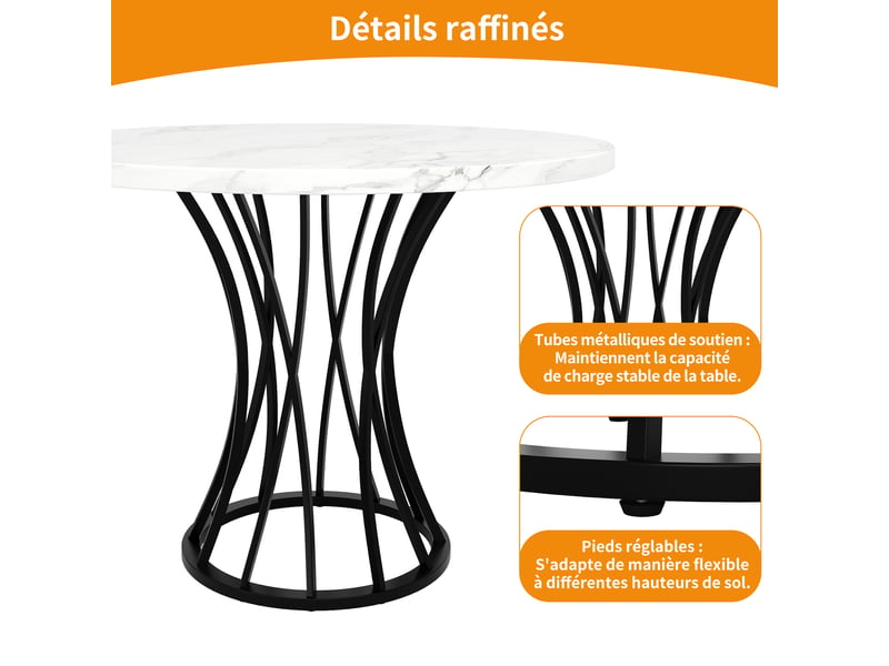 Table à manger d80xh76cm, table ronde avec motif de marbre, plateau en mdf, pied en métal, blanc + noir - Conforama R