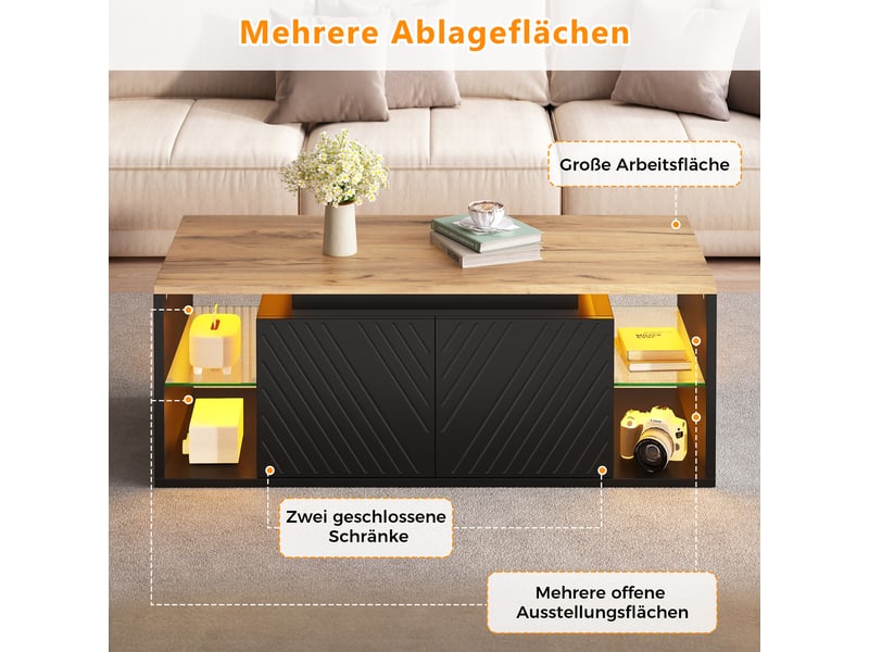  Table basse 100x50x41 cm avec led via appli, 2 portes, rangements semi-ouverts, façades à motif diagonal, noir et effet bois, pour salon  - Conforama E